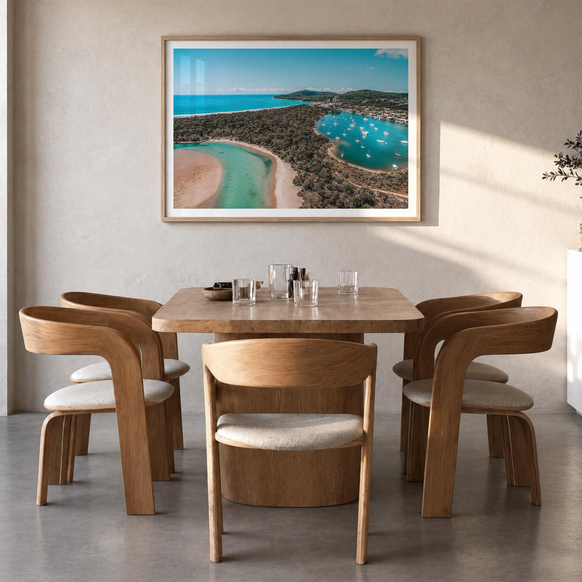 Noosa Heads colorful photo poster of Queensland, Australia – horizontal wall art in natural wood frame with white border, han
