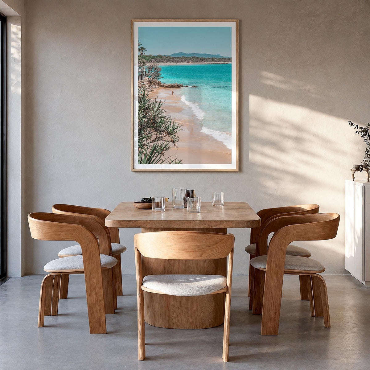 Noosa Heads colorful photo poster of Queensland, Australia – vertical wall art in natural wood frame with white border, hangi