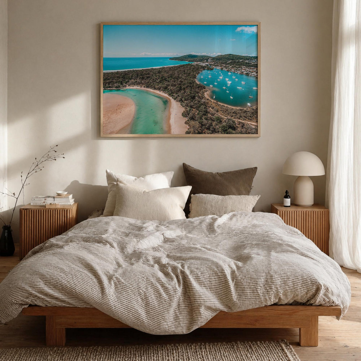 Noosa Heads colorful photo poster of Queensland, Australia – horizontal wall art in natural wood frame, hanging on wall