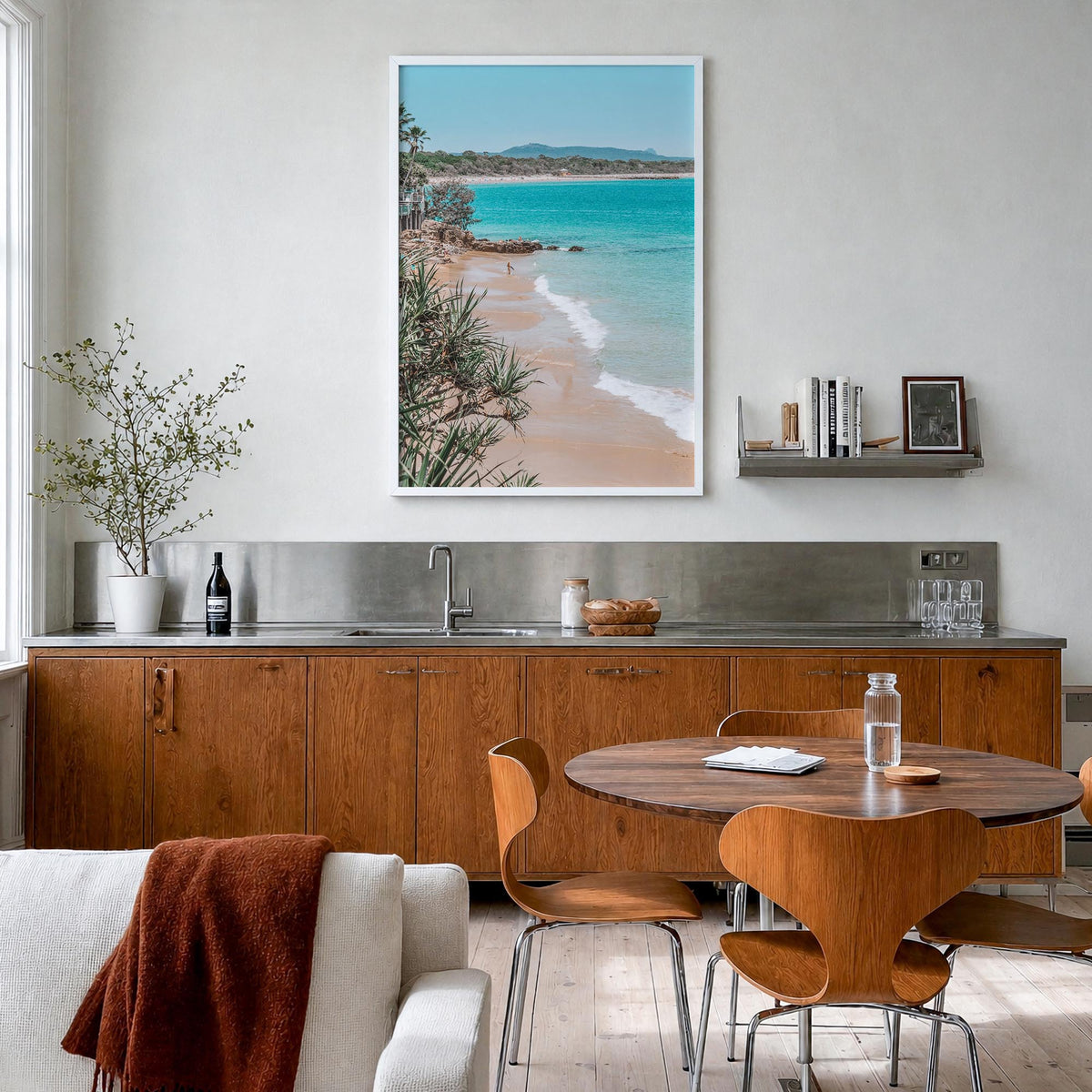 Noosa Heads colorful photo poster of Queensland, Australia – vertical wall art in white wood frame, hanging on wall