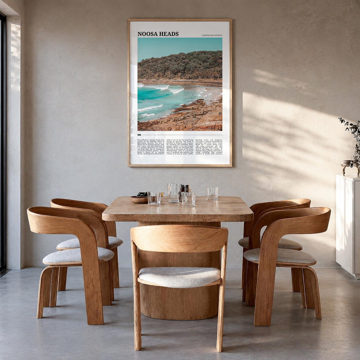 Noosa Heads colorful travel poster of Queensland, Australia – vertical wall art in natural wood frame, hanging on wall