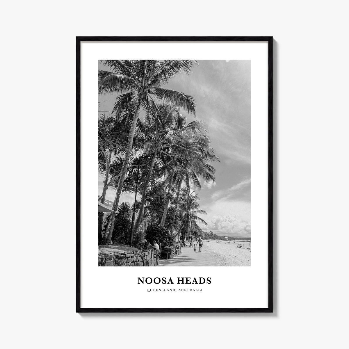 Noosa Heads no. 1 black & white classic poster of Queensland, Australia – vertical wall art, unframed print shown in interior