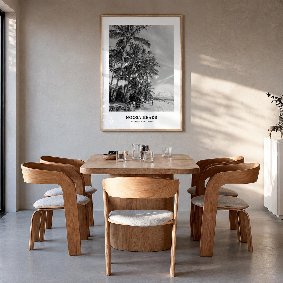 Noosa Heads no. 1 black & white classic poster of Queensland, Australia – vertical wall art in natural wood frame, hanging on