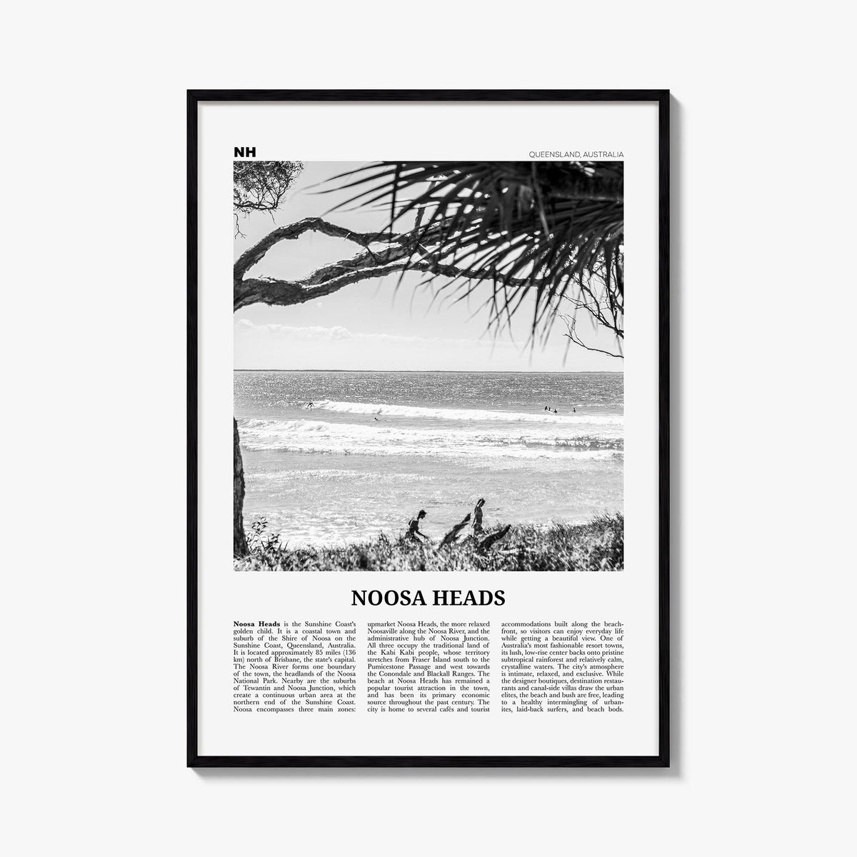 Noosa Heads no. 1 black & white newspaper poster of Queensland, Australia – vertical wall art, unframed print shown in interi