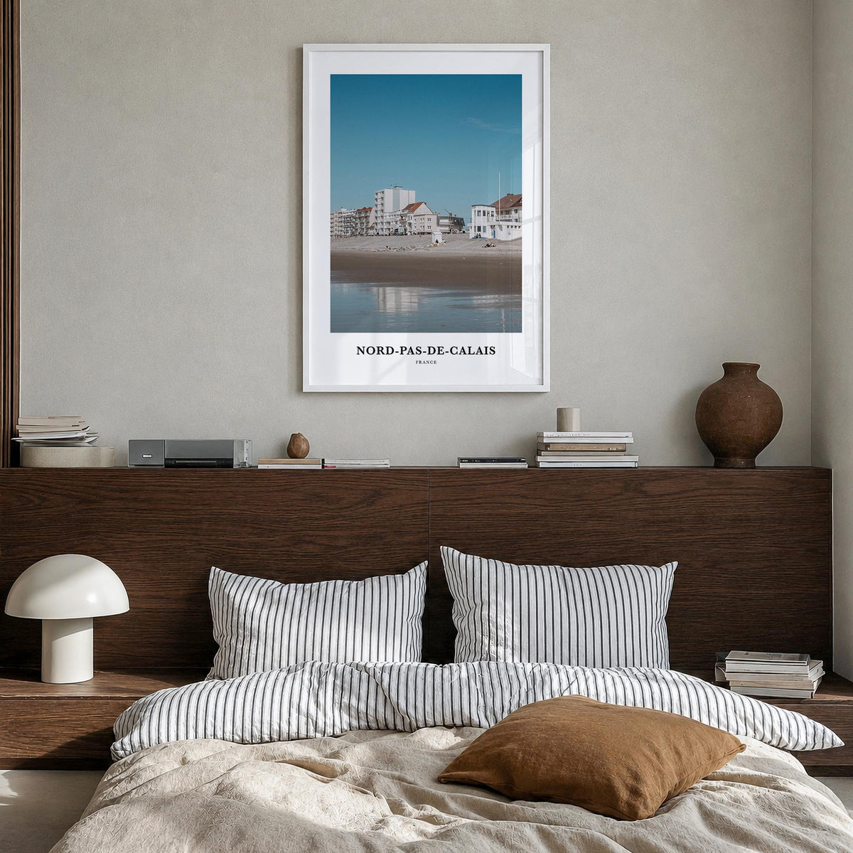 Nord-Pas-de-Calais colorful classic poster of France – vertical wall art in white wood frame, hanging on wall