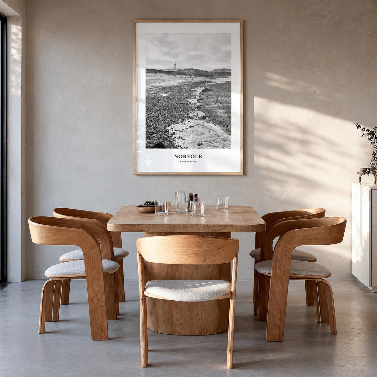 Norfolk, England black & white classic poster of United Kingdom – vertical wall art in natural wood frame, hanging on wall