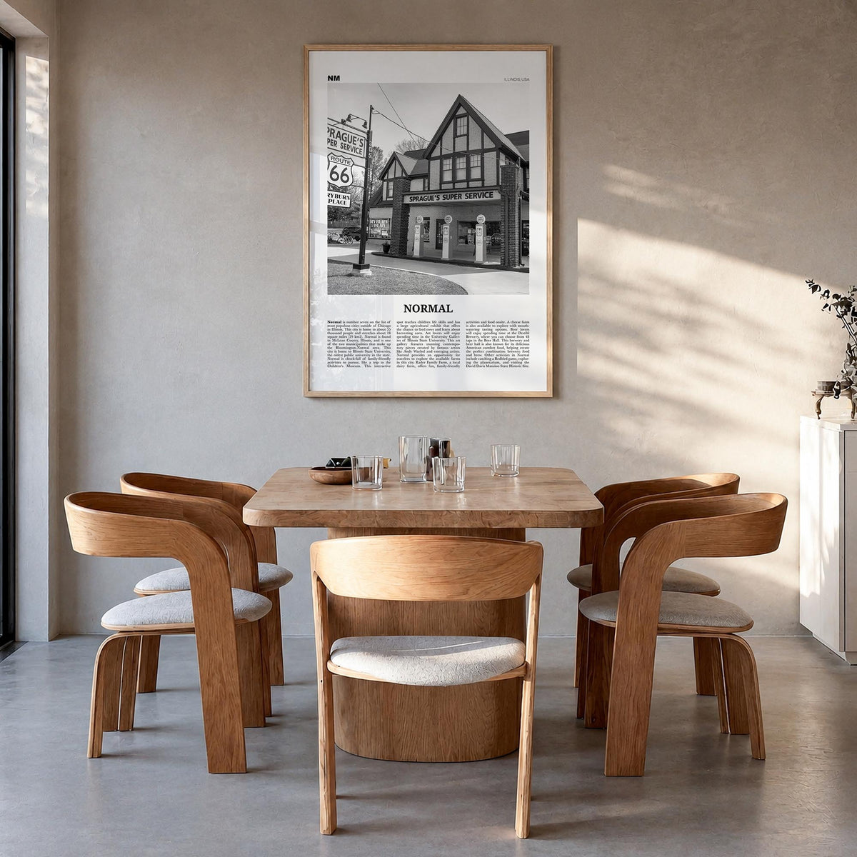 Normal black & white newspaper poster of Illinois, USA – vertical wall art in natural wood frame, hanging on wall