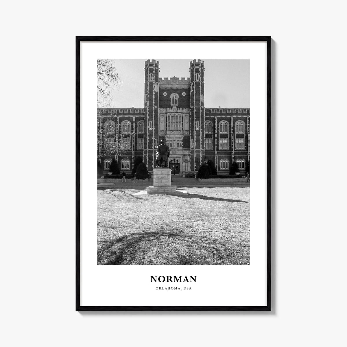 Norman black & white classic poster of Oklahoma, USA – vertical wall art, unframed print shown in interior mockup