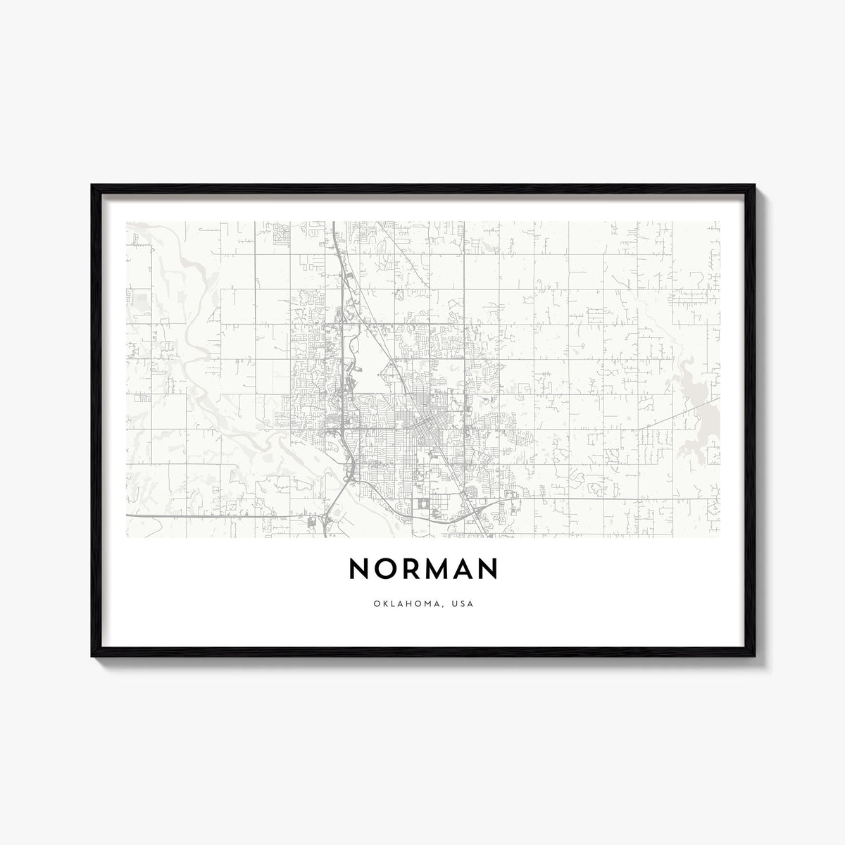Norman black & white map poster of Oklahoma, USA – horizontal wall art, unframed print shown in interior mockup