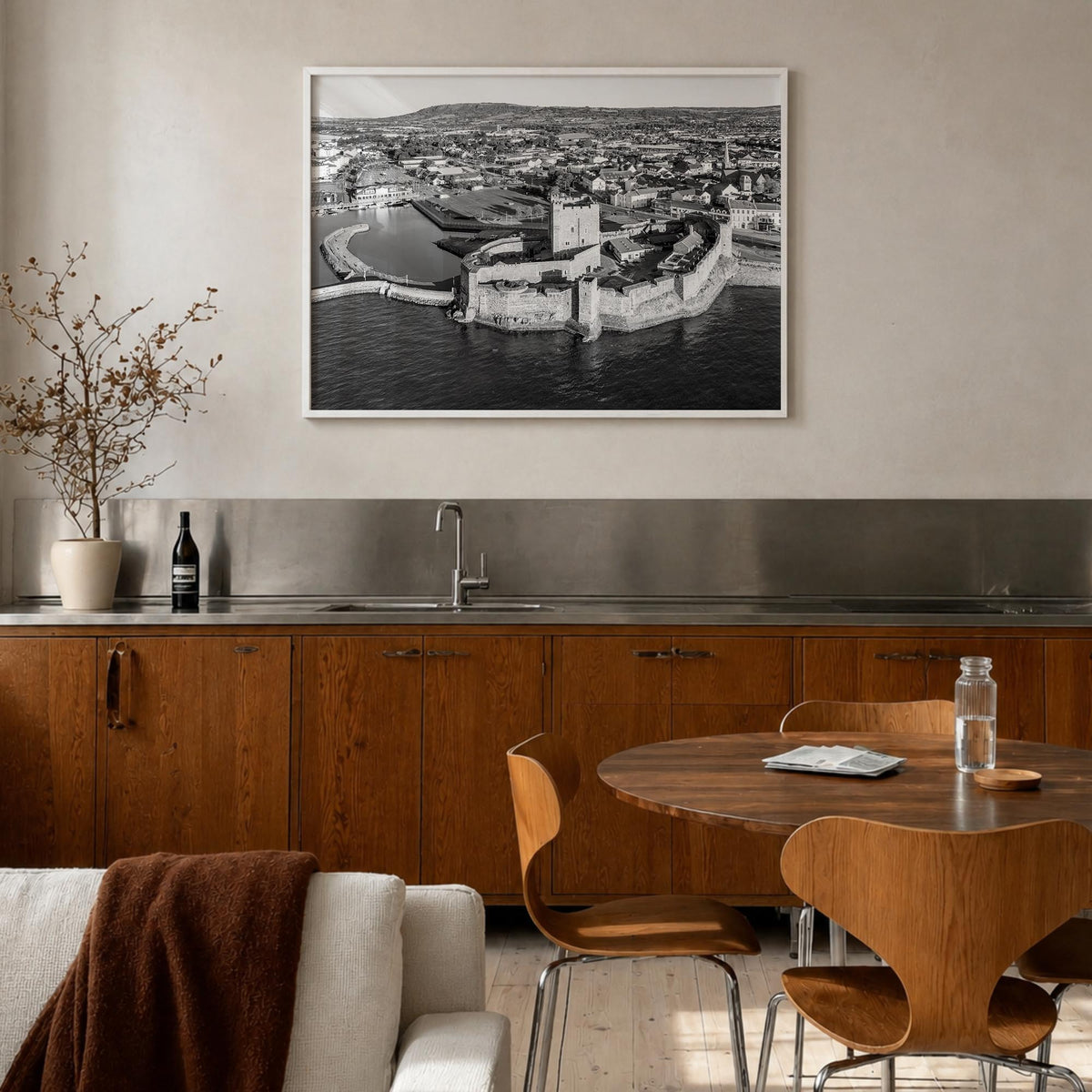 Norman black & white photo poster of Oklahoma, USA – horizontal wall art in white wood frame, hanging on wall