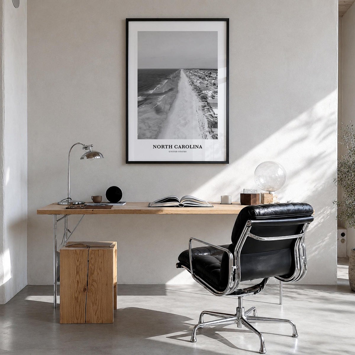 North Carolina no. 1 black & white classic poster of United States – vertical wall art in black wood frame, hanging on wall