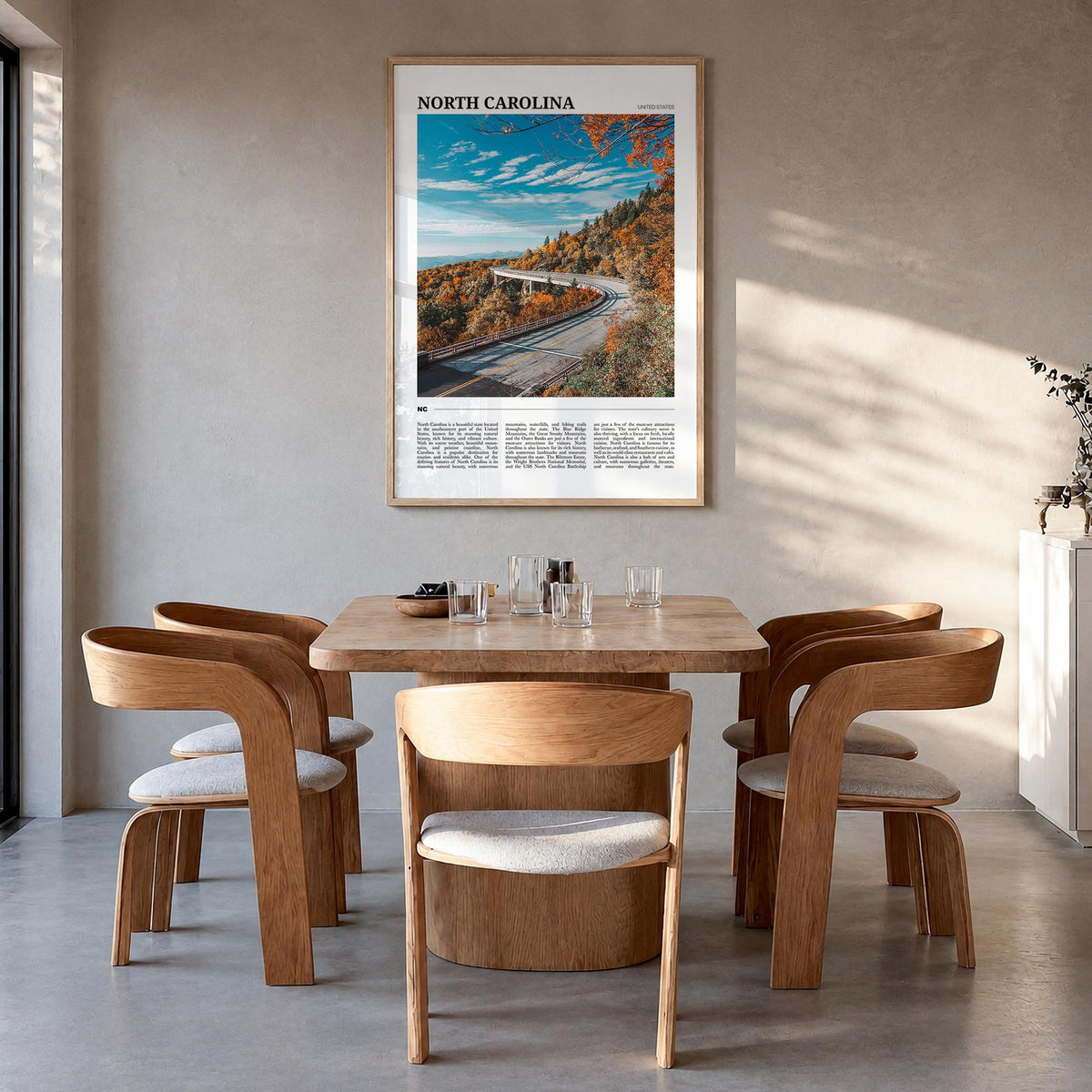 North Carolina no. 1 colorful travel poster of United States – vertical wall art in natural wood frame, hanging on wall