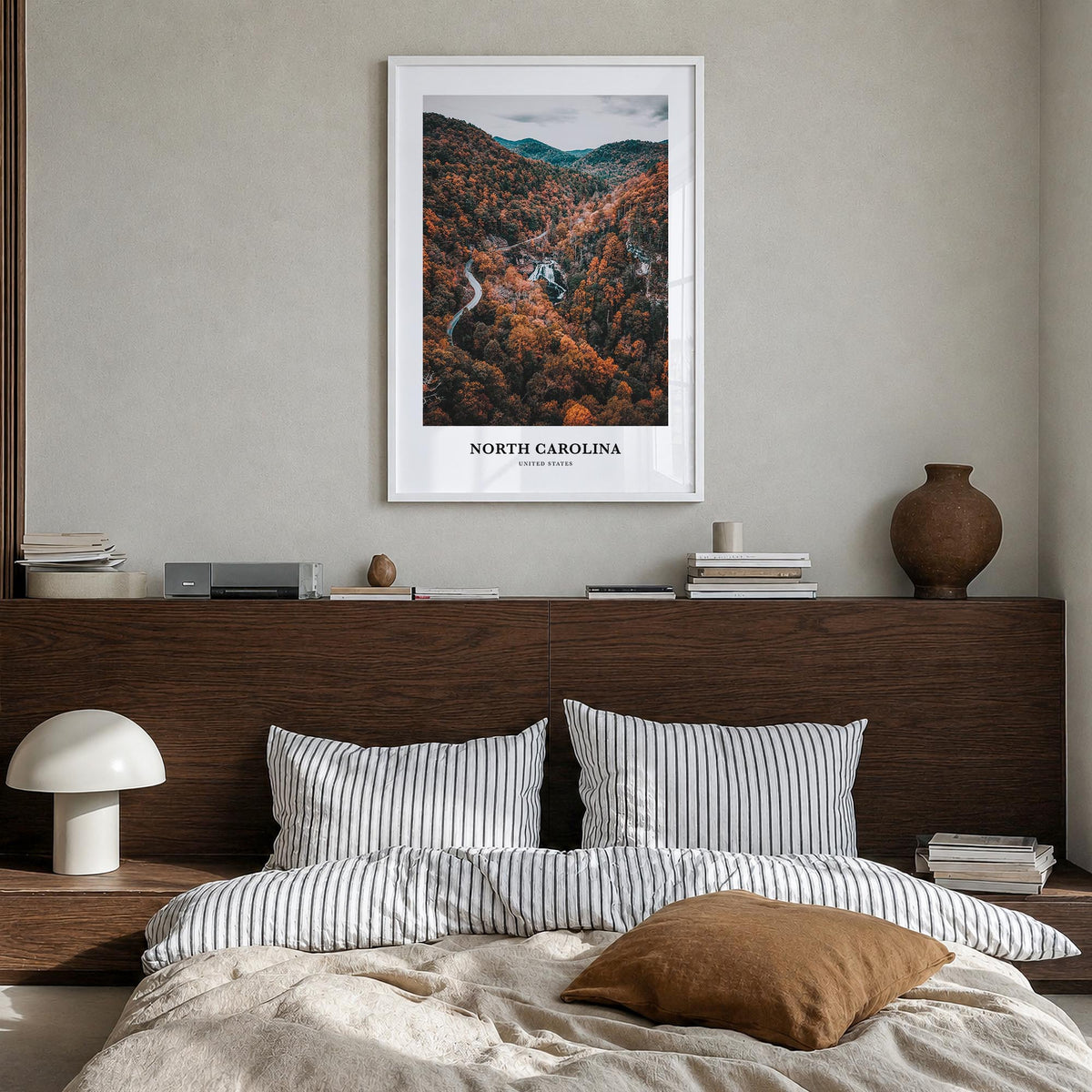 North Carolina no. 3 colorful classic poster of United States – vertical wall art in white wood frame, hanging on wall