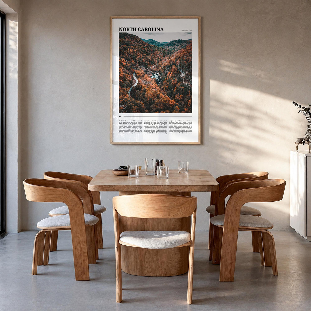 North Carolina no. 3 colorful travel poster of United States – vertical wall art in natural wood frame, hanging on wall