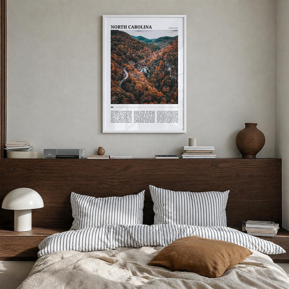 North Carolina no. 3 colorful travel poster of United States – vertical wall art in white wood frame, hanging on wall
