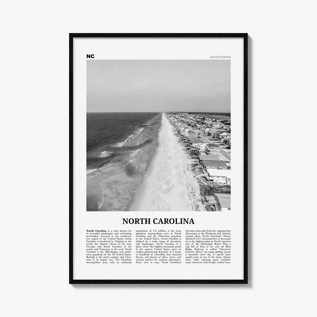North Carolina no. 4 black & white newspaper poster of United States – vertical wall art, unframed print shown in interior mo