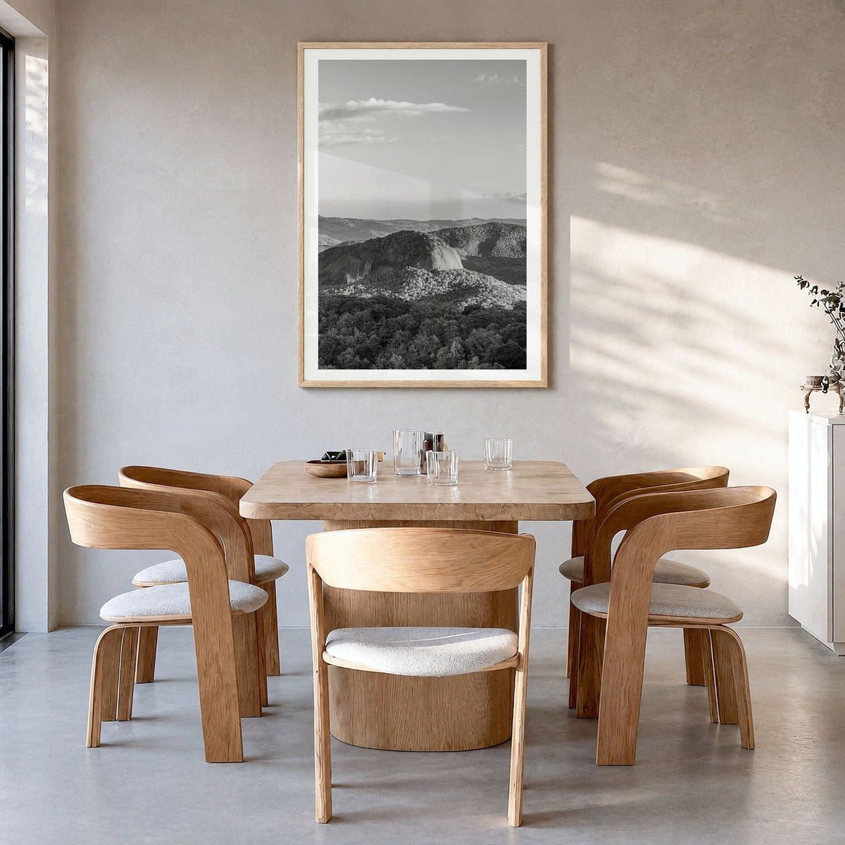 North Carolina Photo No 1 Poster in a natural wood frame, hanging in a dining room, white border