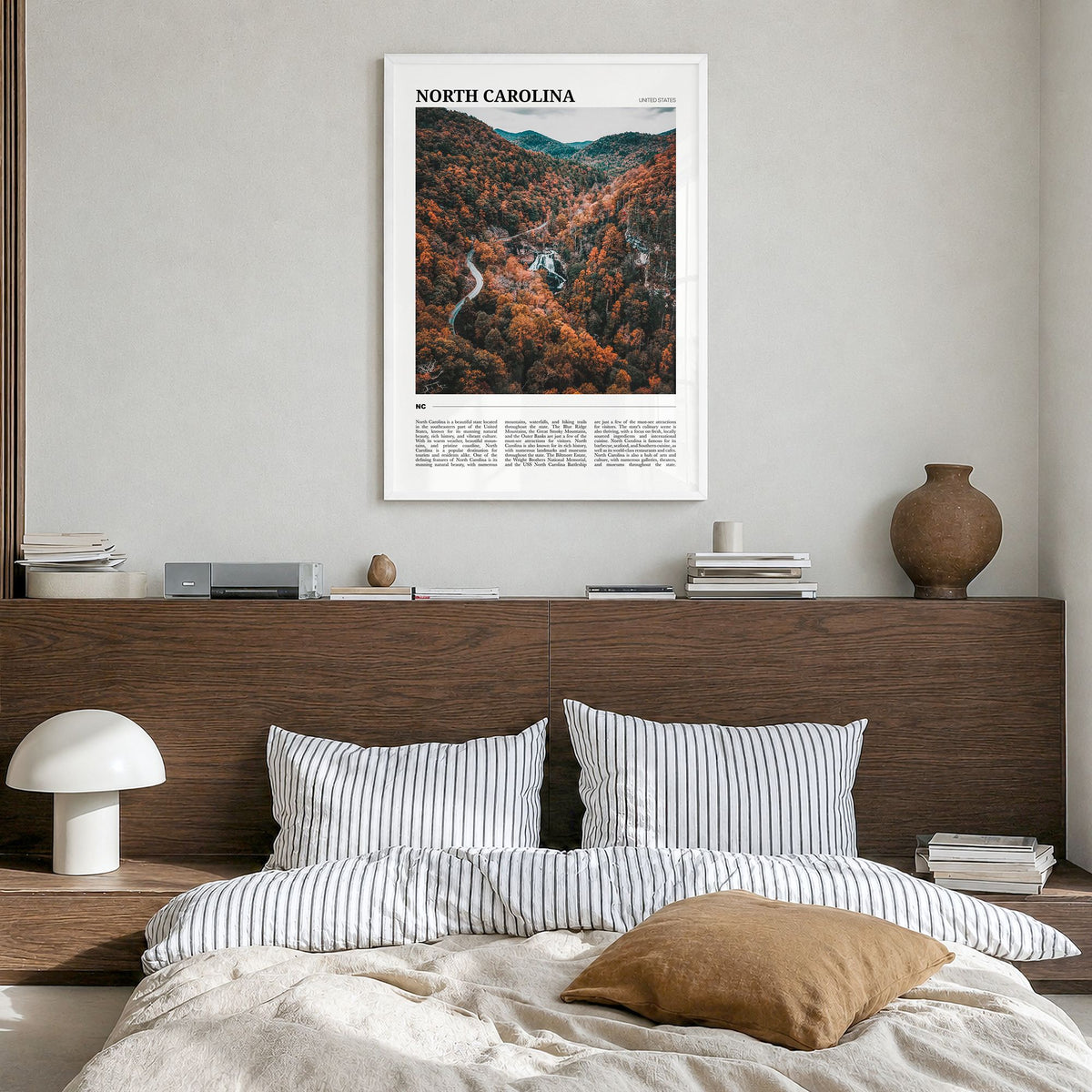 North Carolina Travel No 3 Poster in a white wood frame, hanging in a bedroom