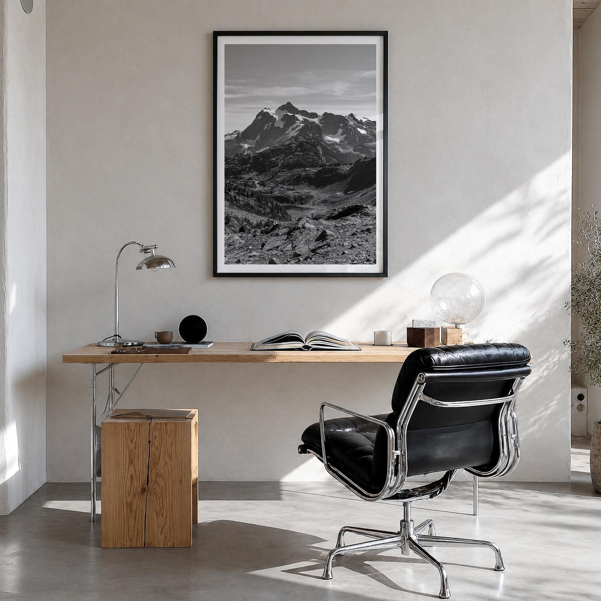 North Cascades National Park black & white photo poster of Washington, USA – vertical wall art in black wood frame with white