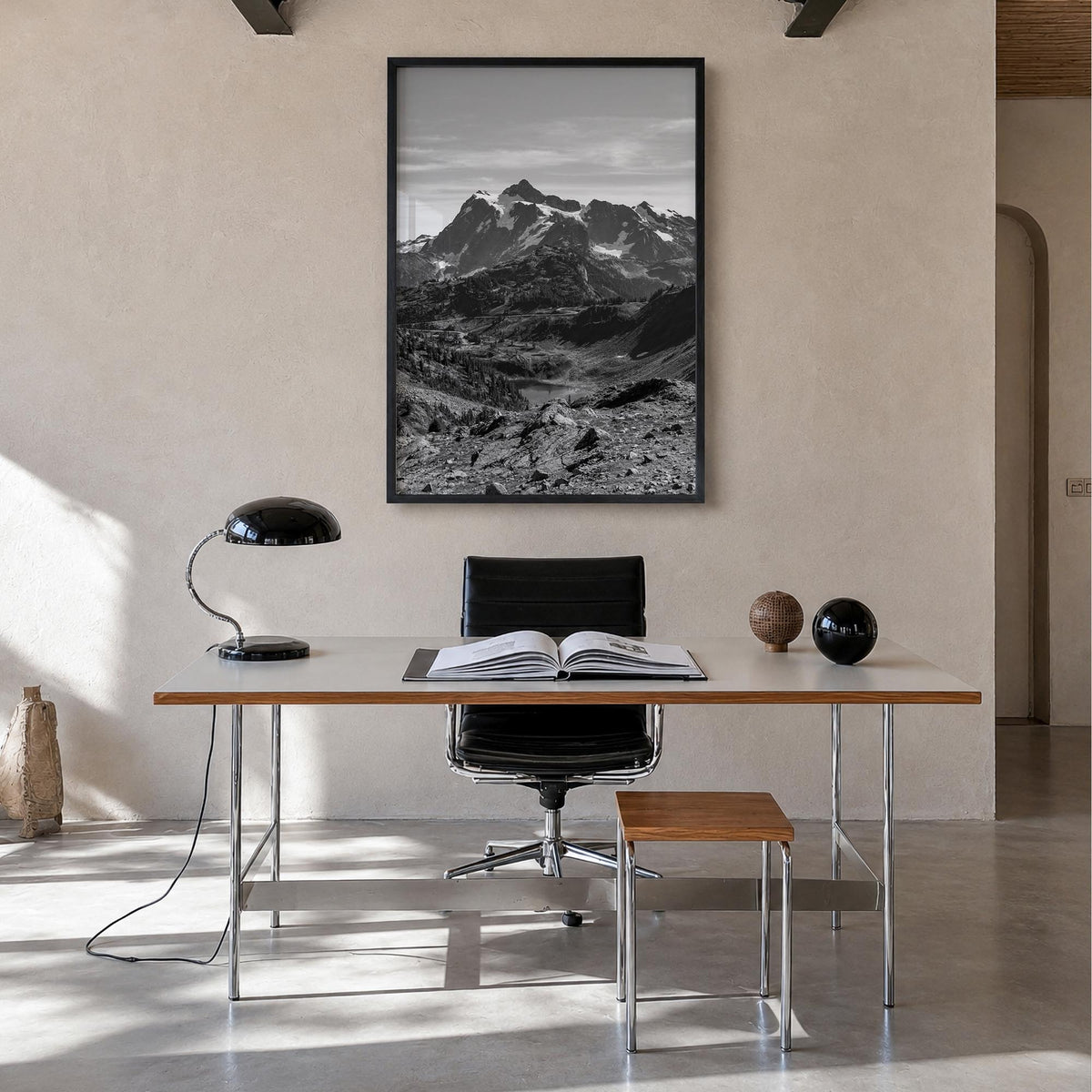 North Cascades National Park black & white photo poster of Washington, USA – vertical wall art in black wood frame, hanging o