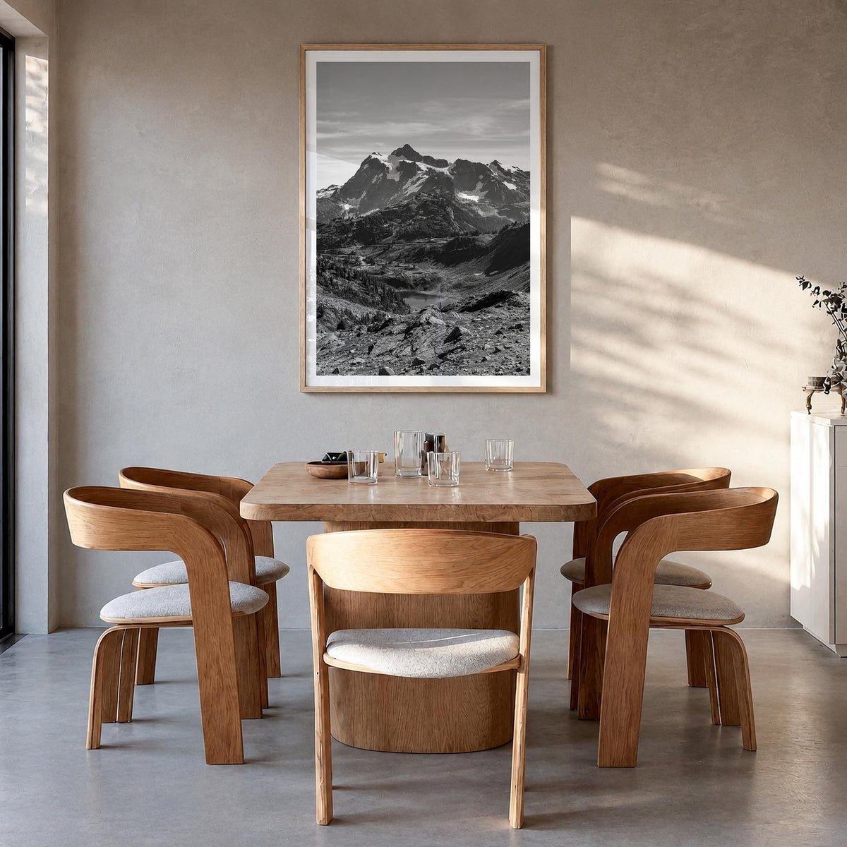 North Cascades National Park black & white photo poster of Washington, USA – vertical wall art in natural wood frame with whi