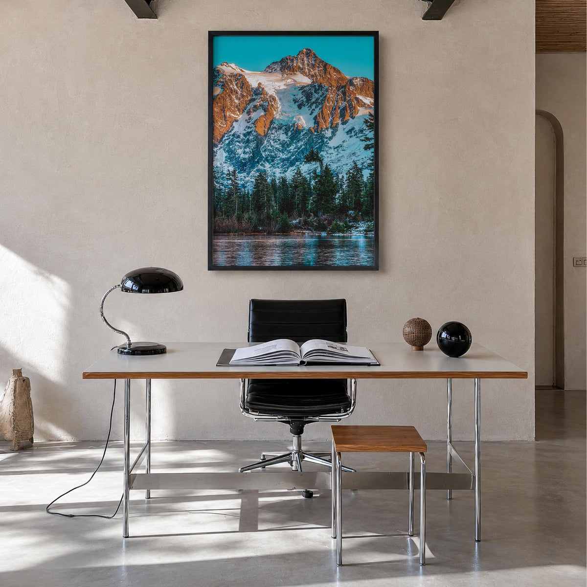 North Cascades National Park colorful photo poster of Washington, USA – vertical wall art in black wood frame, hanging on wal