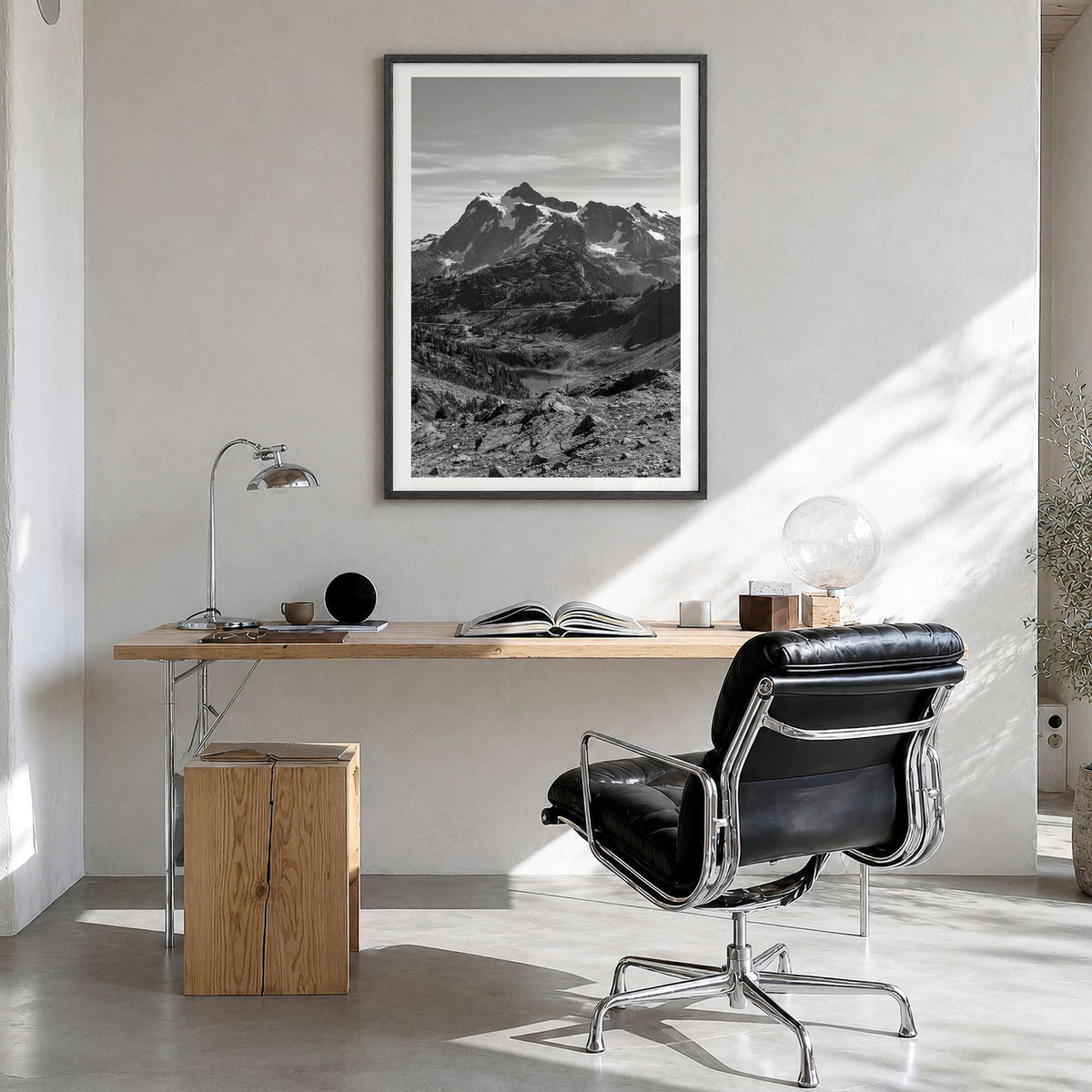 North Cascades National Park Photo Poster in a black wood frame, hanging in a bright home office, white border