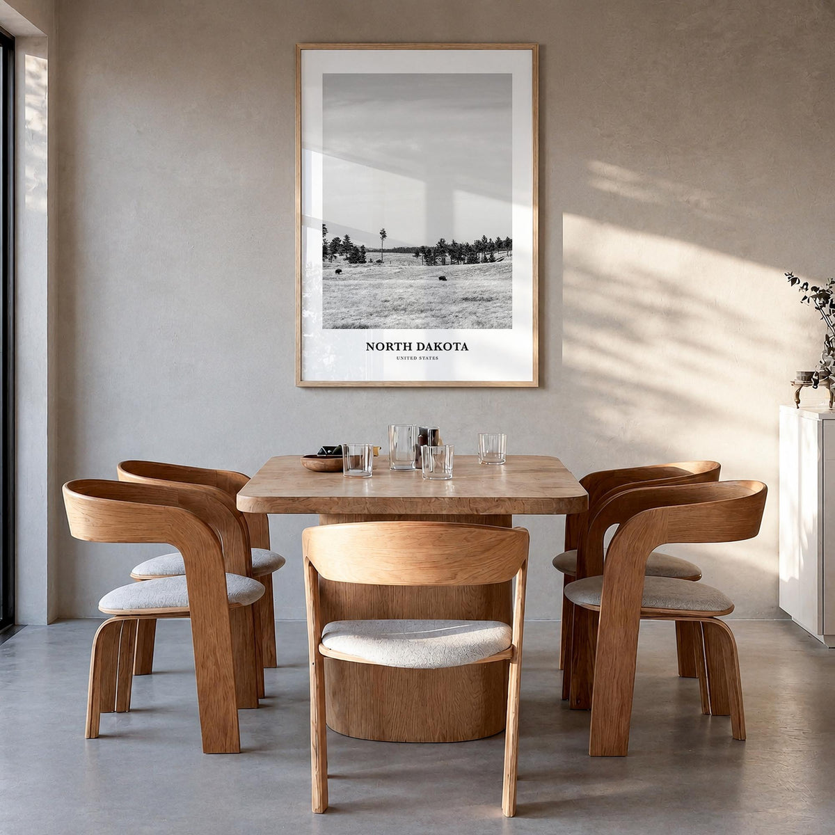 North Dakota black & white classic poster of United States – vertical wall art in natural wood frame, hanging on wall