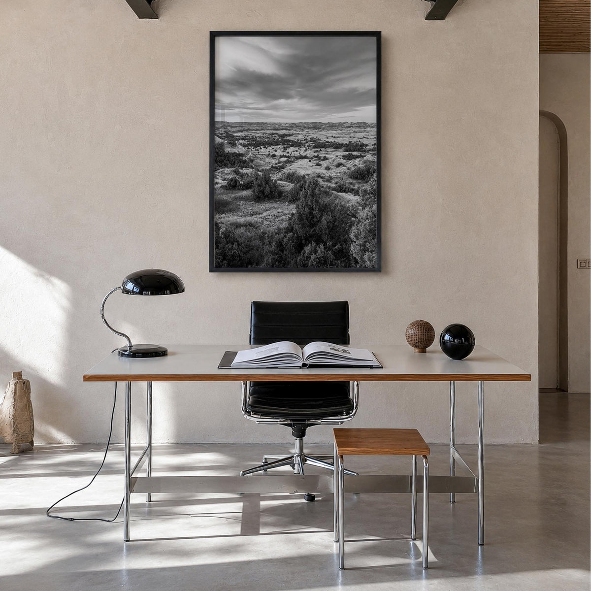 North Dakota black & white photo poster of United States – vertical wall art in black wood frame, hanging on wall