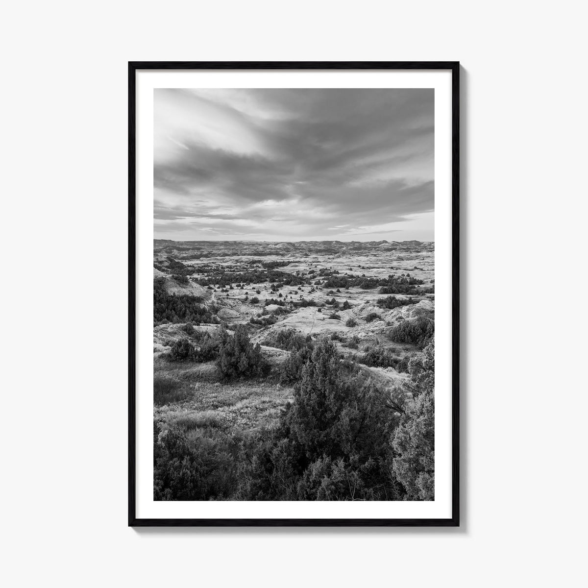 North Dakota black & white photo poster of United States – vertical wall art, unframed print shown in interior mockup