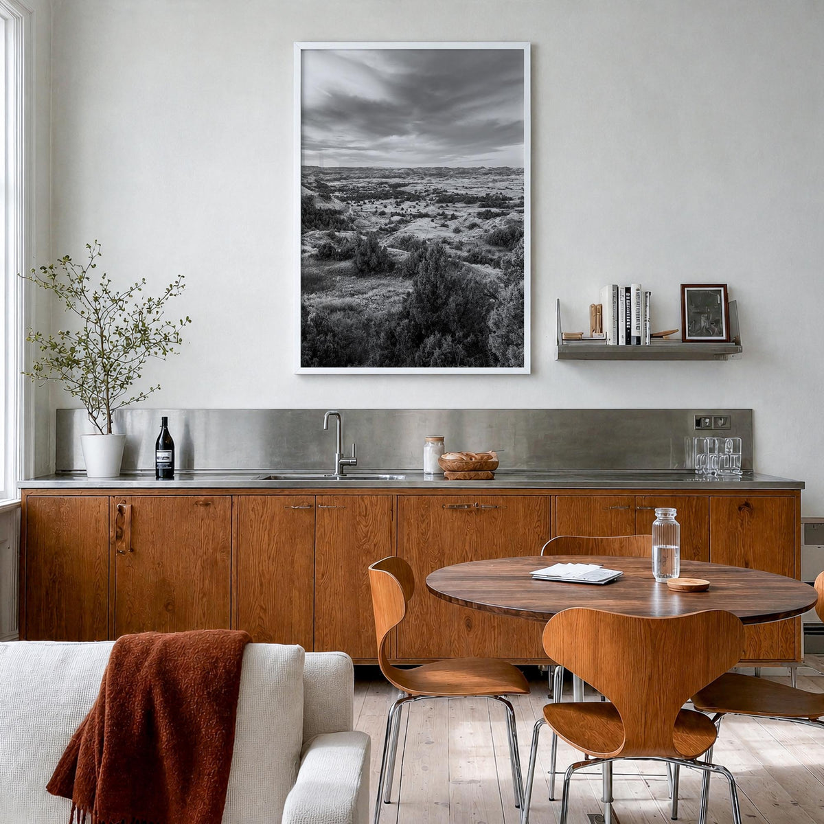 North Dakota black & white photo poster of United States – vertical wall art in white wood frame, hanging on wall