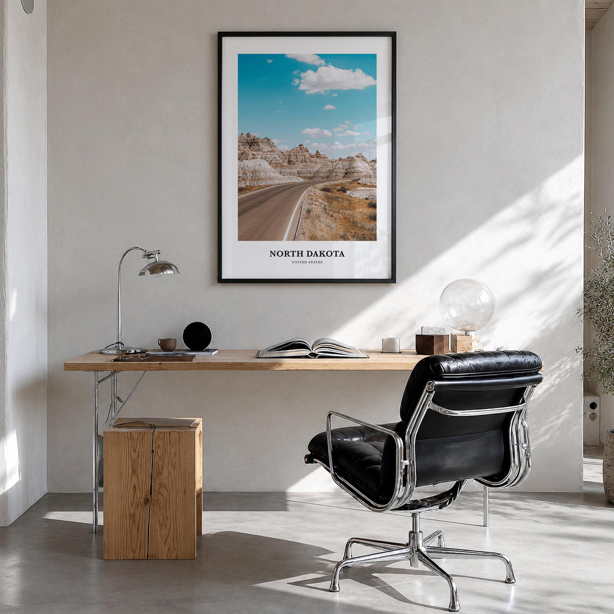 North Dakota colorful classic poster of United States – vertical wall art in black wood frame, hanging on wall