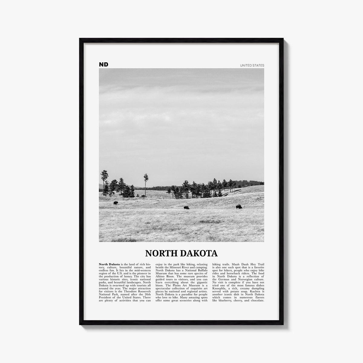 North Dakota no. 2 black & white newspaper poster of United States – vertical wall art, unframed print shown in interior mock