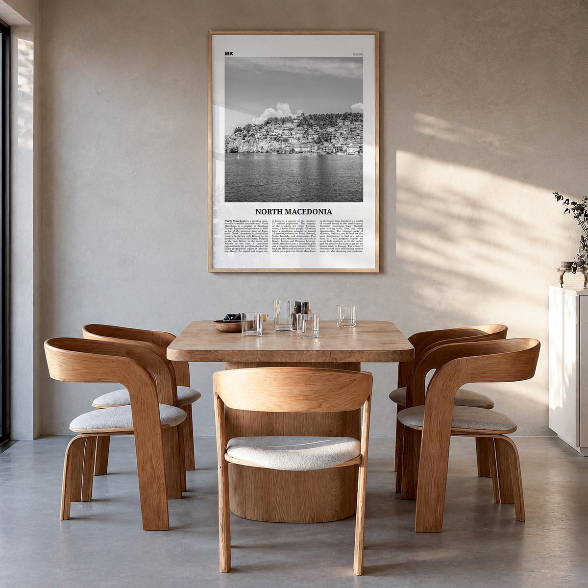 North Macedonia black & white newspaper poster of Europe – vertical wall art in natural wood frame, hanging on wall