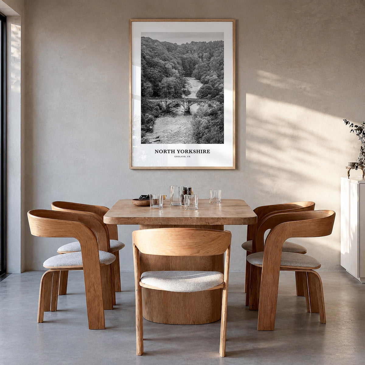North Yorkshire black & white classic poster of England, UK – vertical wall art in natural wood frame, hanging on wall