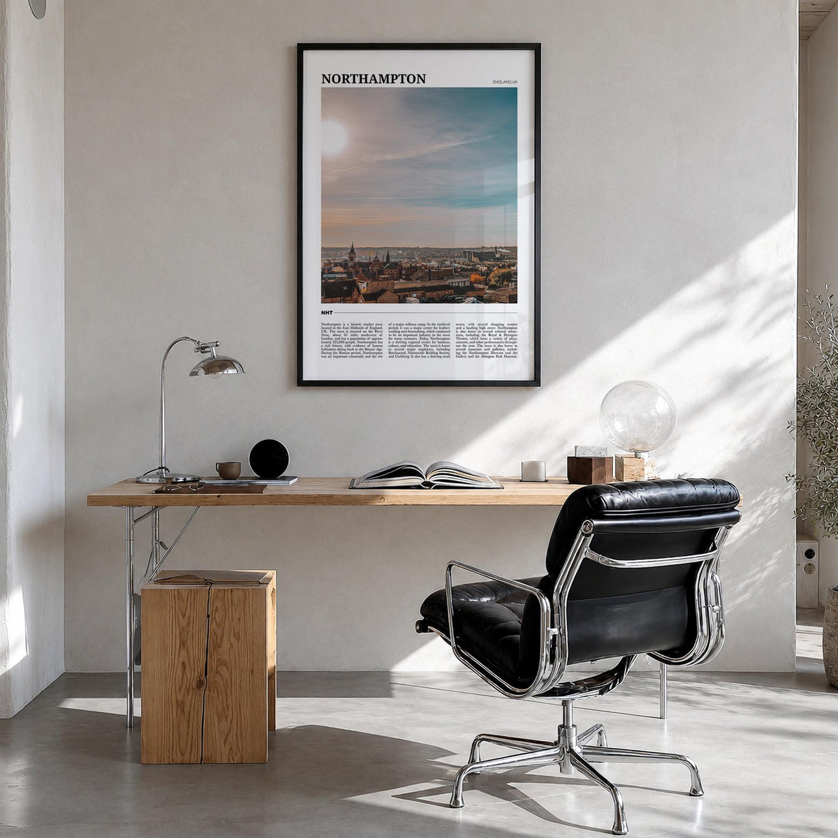Northampton colorful travel poster of United Kingdom – vertical wall art in black wood frame, hanging on wall