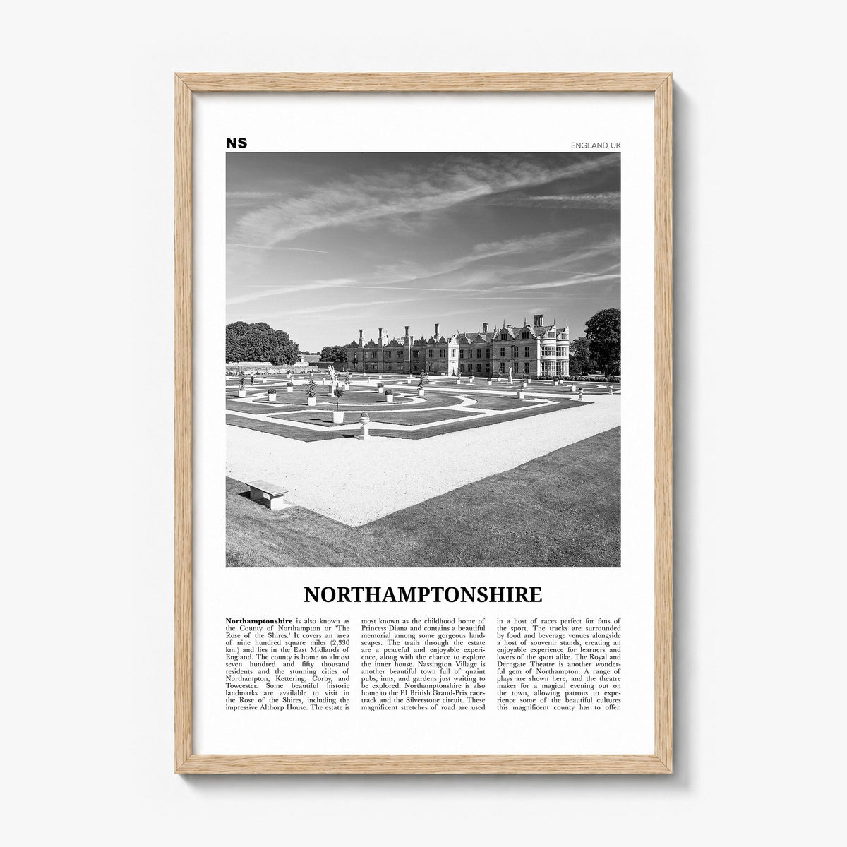Northamptonshire Newspaper Poster in a natural wood frame