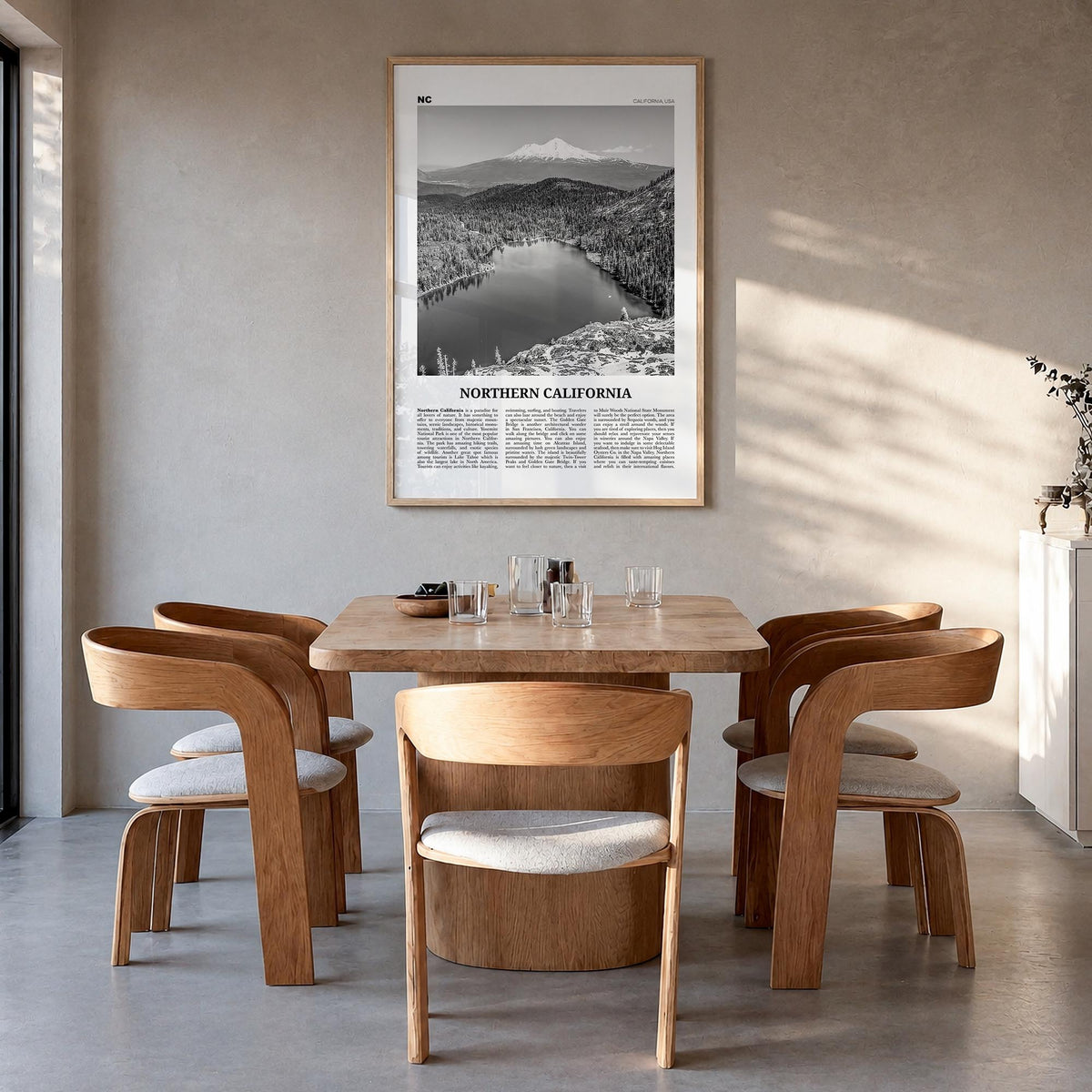 Northern California black & white newspaper poster of California, USA – vertical wall art in natural wood frame, hanging on w