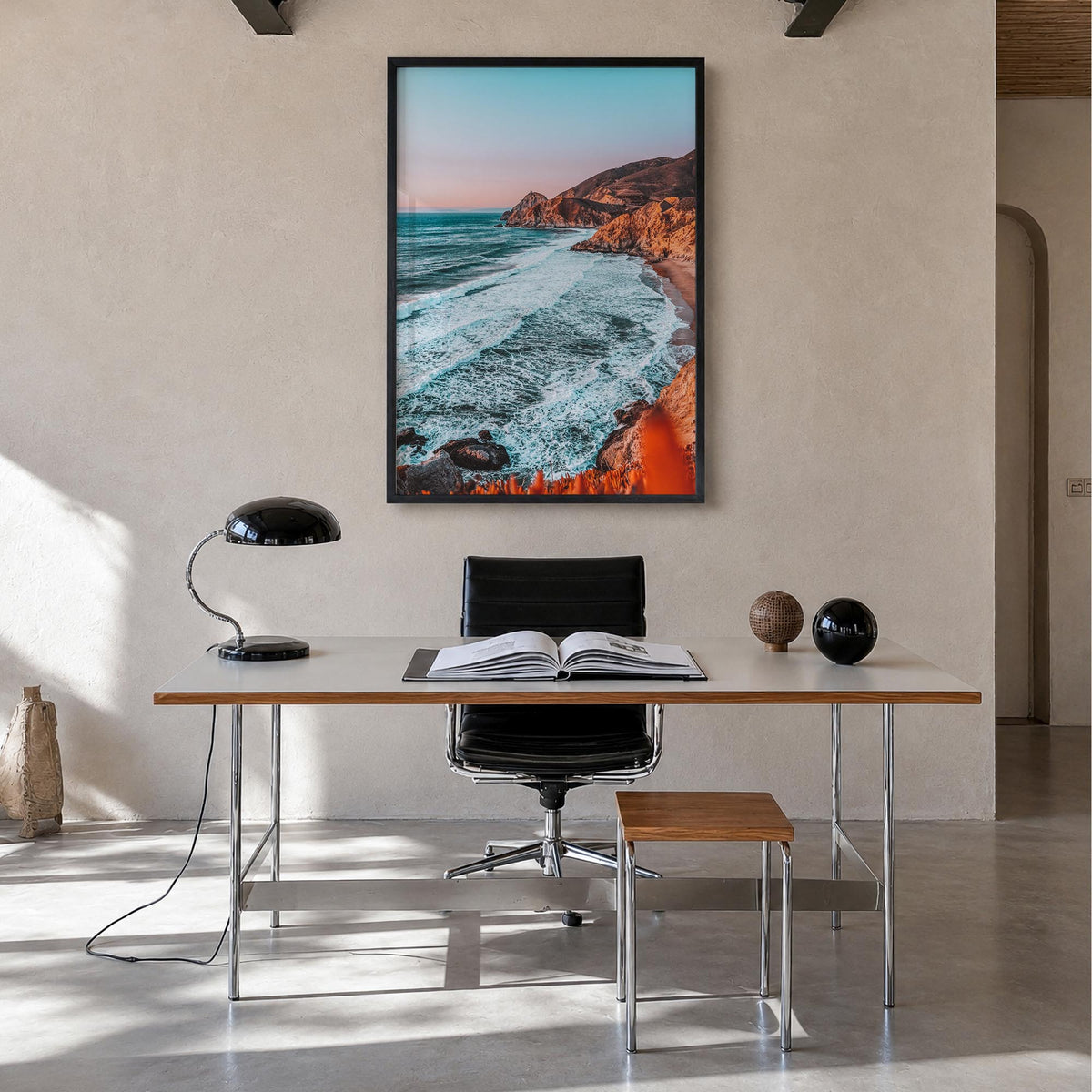 Northern California colorful photo poster of California, USA – vertical wall art in black wood frame, hanging on wall