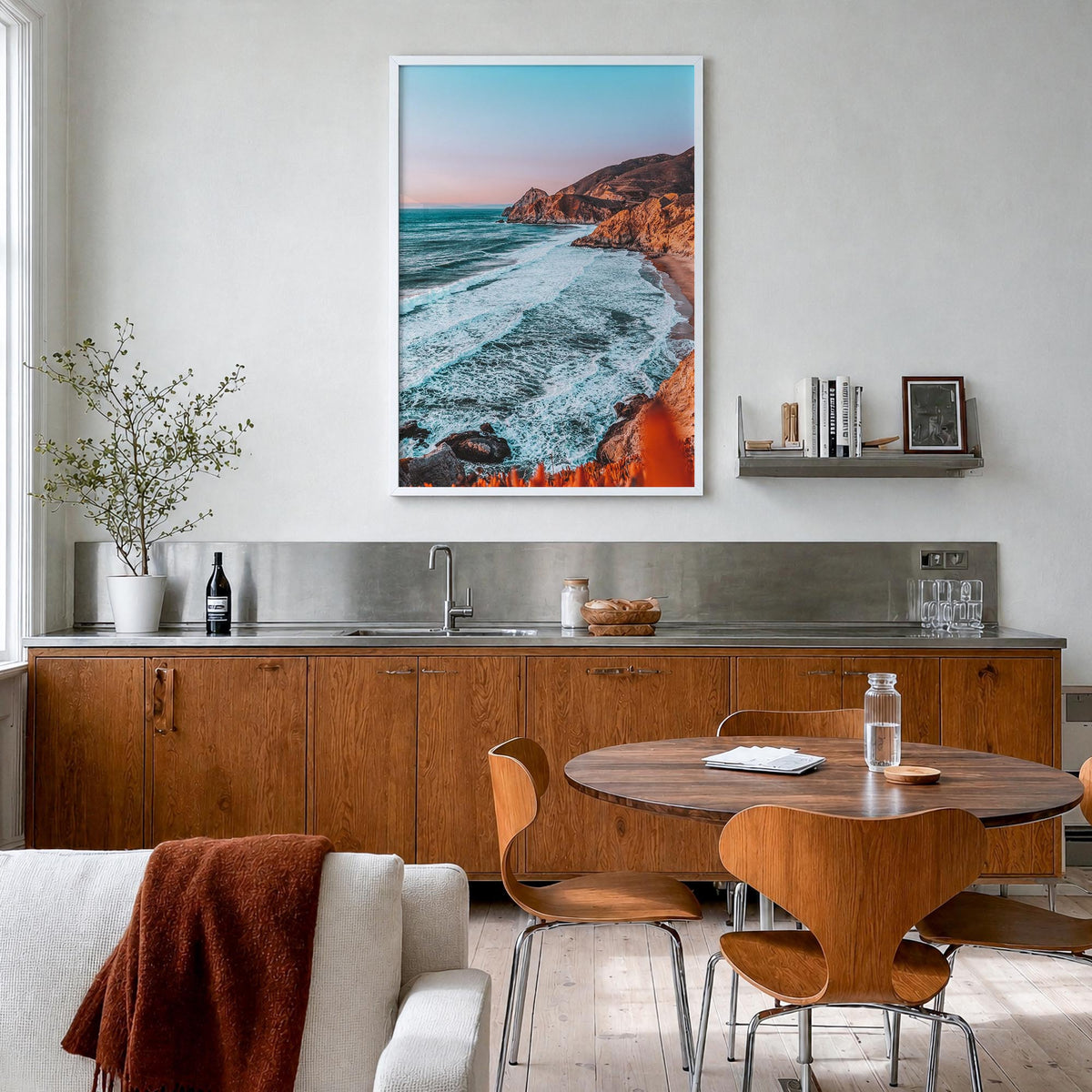 Northern California colorful photo poster of California, USA – vertical wall art in white wood frame, hanging on wall