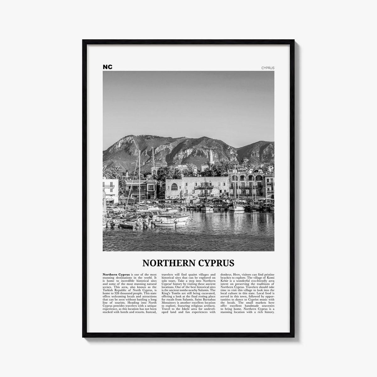 Northern Cyprus black & white newspaper poster of Cyprus – vertical wall art, unframed print shown in interior mockup