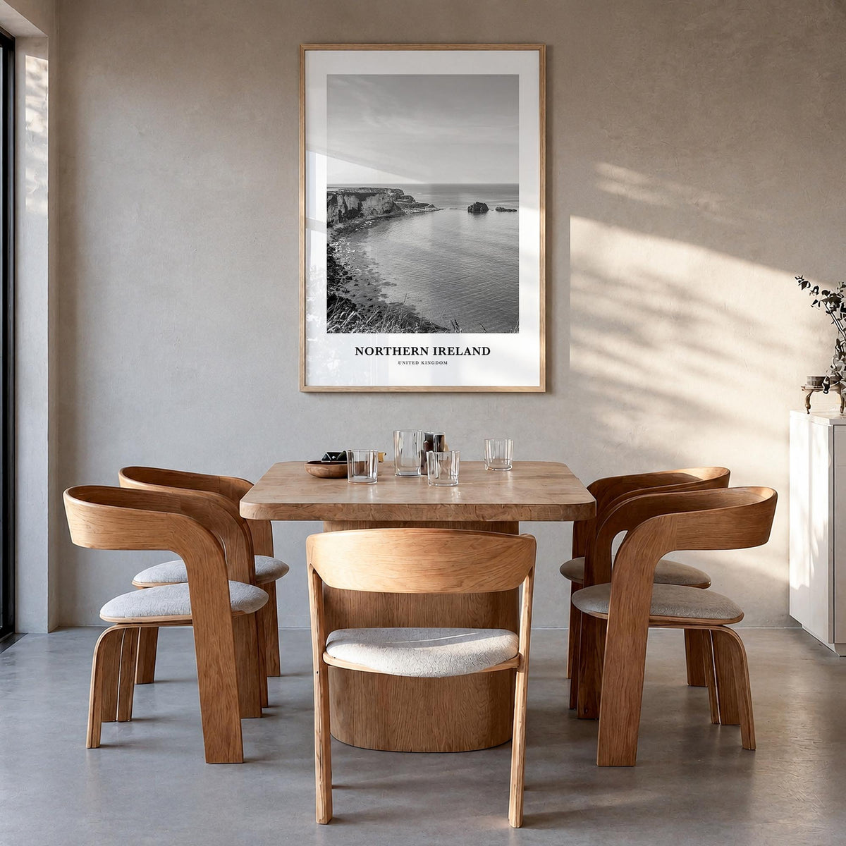 Northern Ireland black & white classic poster of United Kingdom – vertical wall art in natural wood frame, hanging on wall