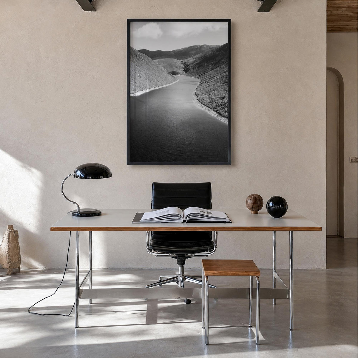 Northern Ireland black & white photo poster of United Kingdom – vertical wall art in black wood frame, hanging on wall