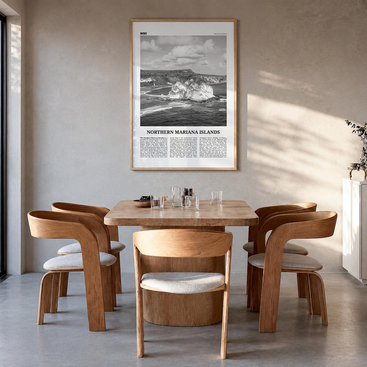 Northern Mariana Islands black & white newspaper poster of Oceania – vertical wall art in natural wood frame, hanging on wall