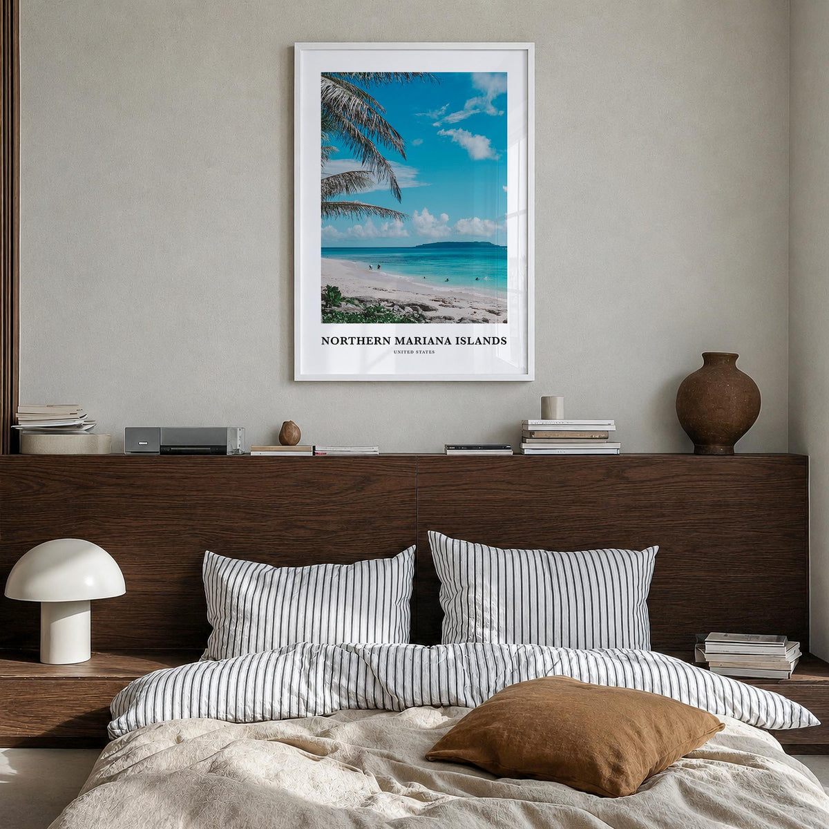Northern Mariana Islands colorful classic poster of Oceania – vertical wall art in white wood frame, hanging on wall