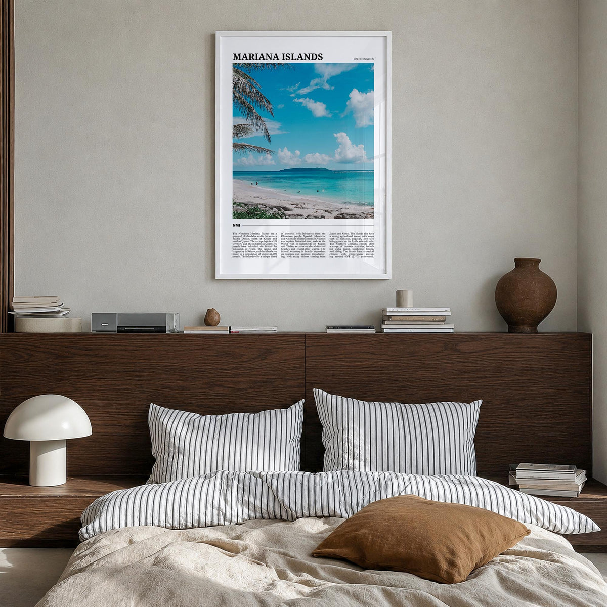 Northern Mariana Islands colorful travel poster of Oceania – vertical wall art in white wood frame, hanging on wall