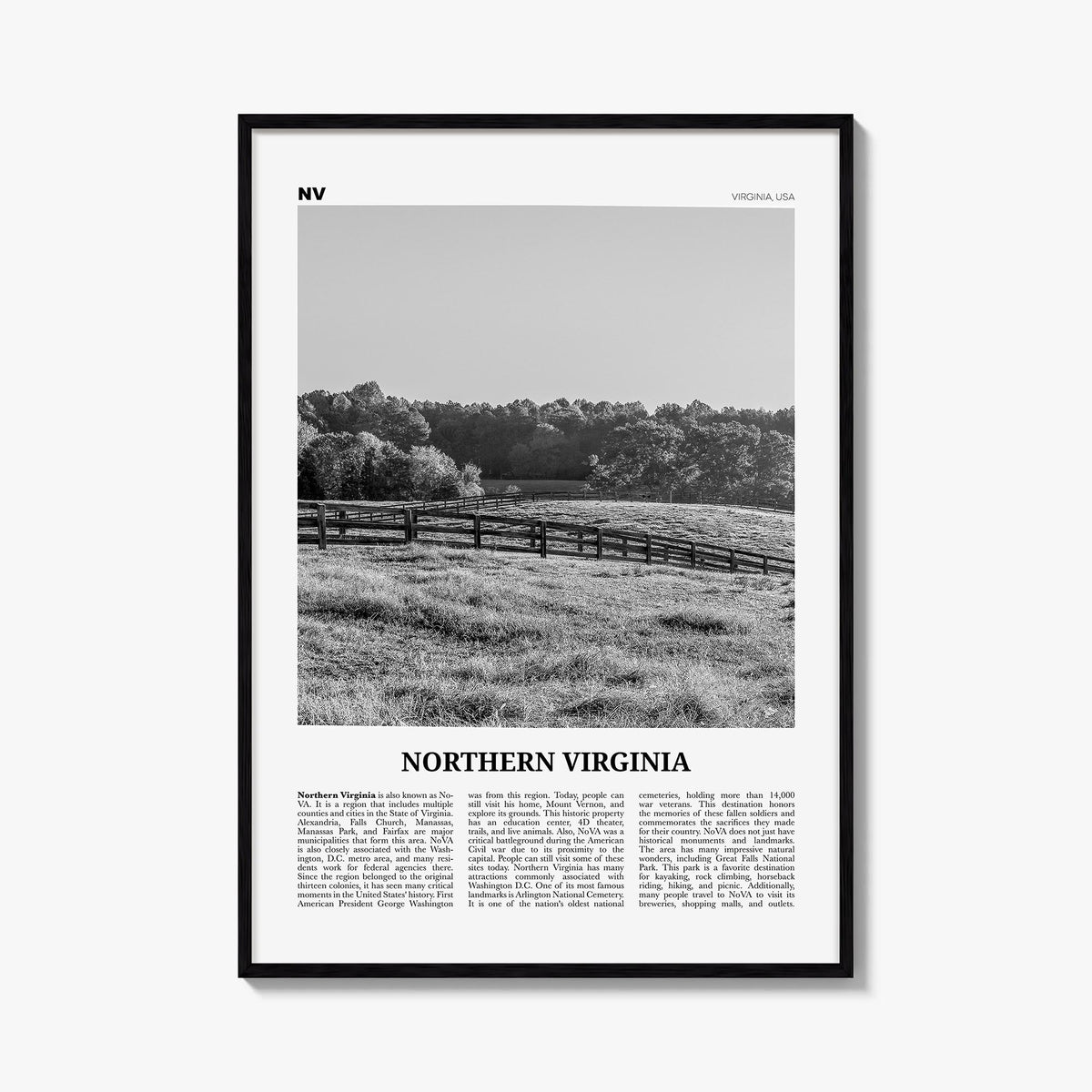 Northern Virginia black & white newspaper poster of Virginia, USA – vertical wall art, unframed print shown in interior mocku