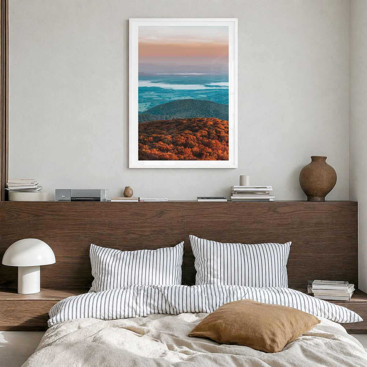 Northern Virginia Photo Poster in a white wood frame, hanging in a bedroom, white border