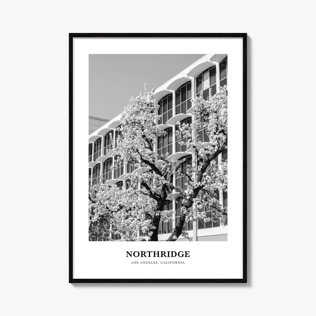 Northridge black & white classic poster of California, USA – vertical wall art, unframed print shown in interior mockup