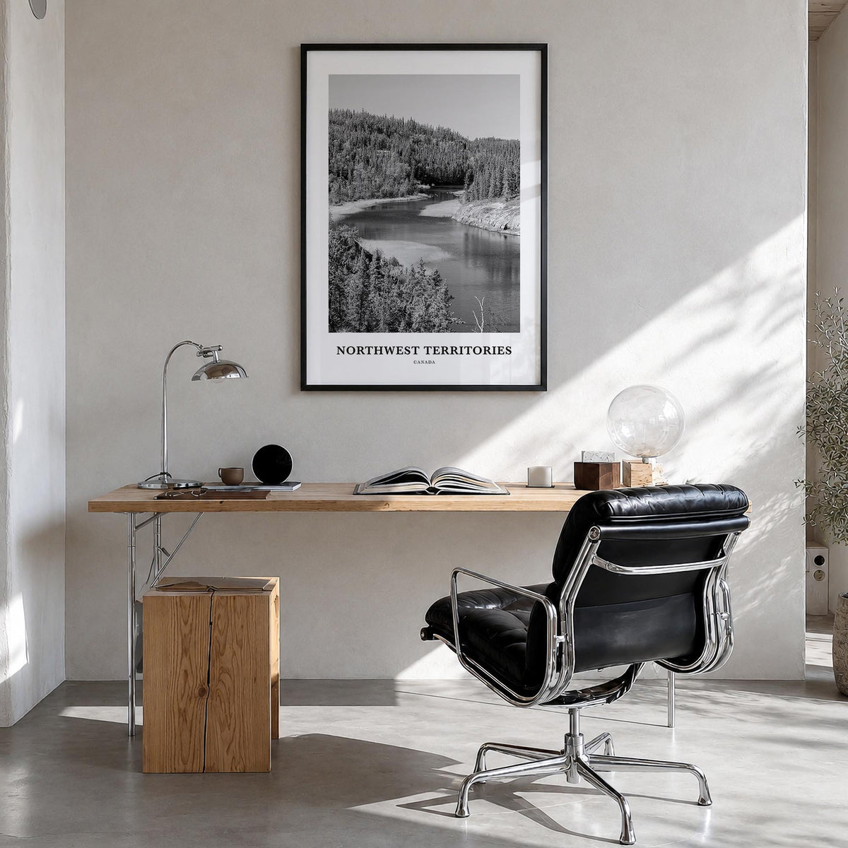 Northwest Territories black & white classic poster of Canada – vertical wall art in black wood frame, hanging on wall